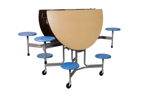 Mobile folding oval table with torsion-assisted folding system and stools