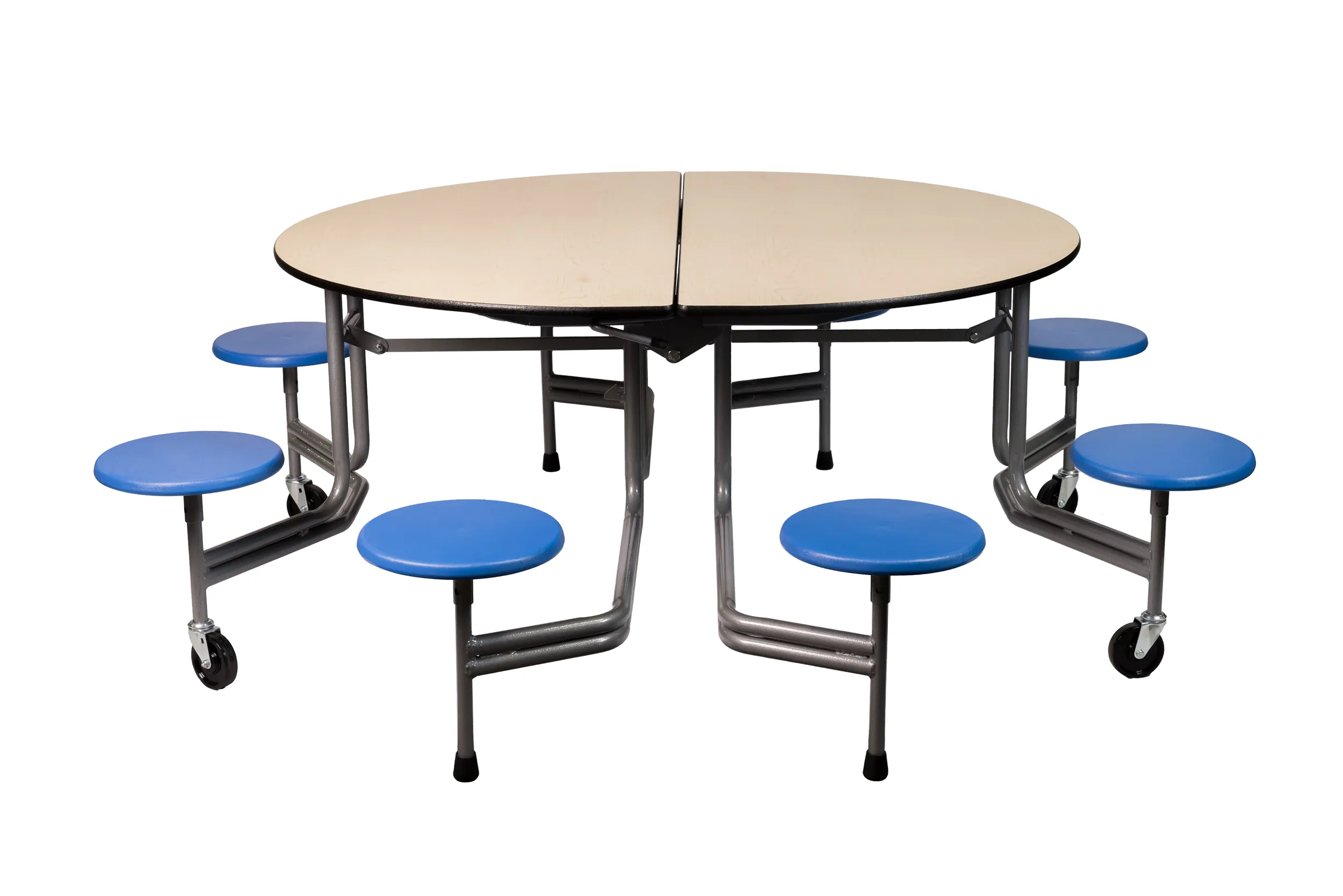 Mobile folding oval table with torsion-assisted folding system and stools