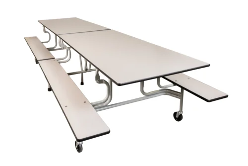 Folding table with torsion-assisted mechanism and integrated foldable seating