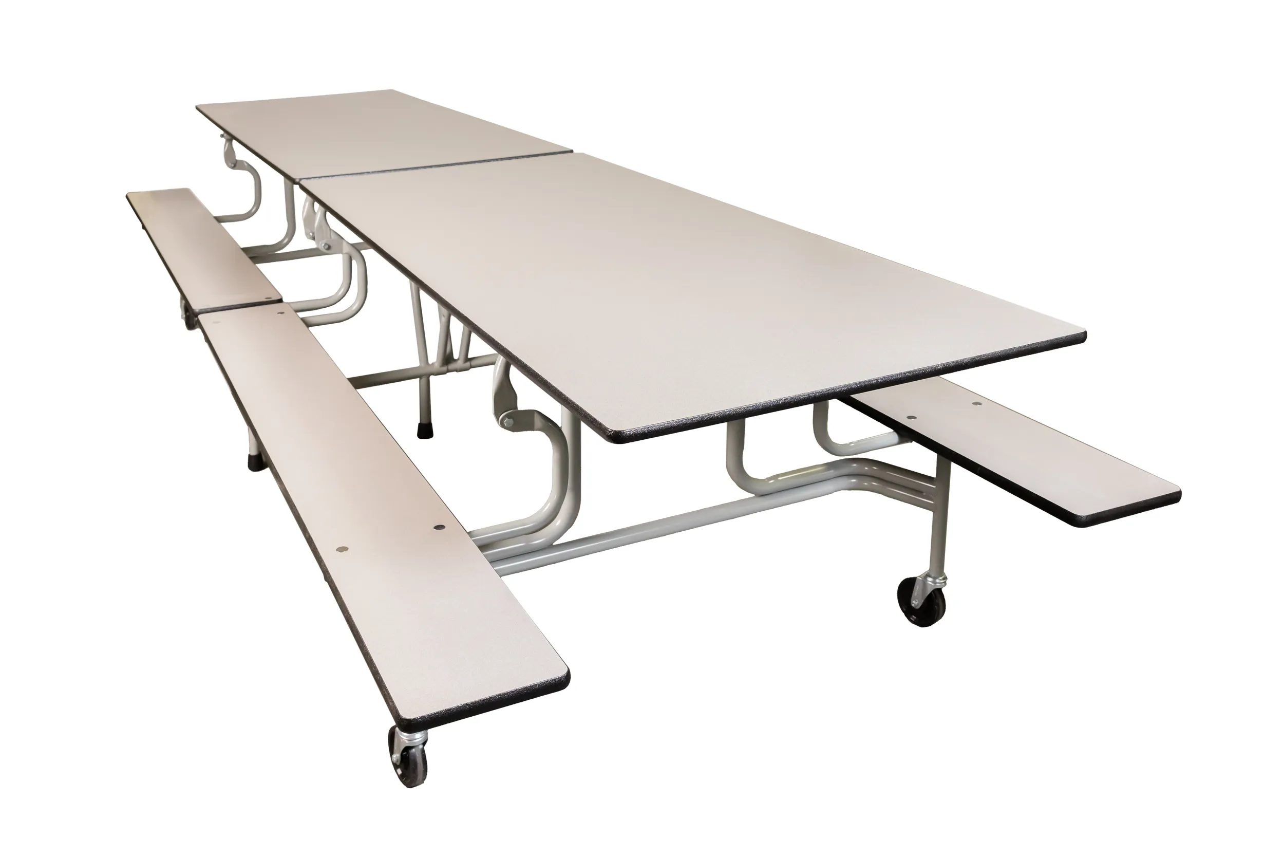 Folding table with torsion-assisted mechanism and integrated foldable seating
