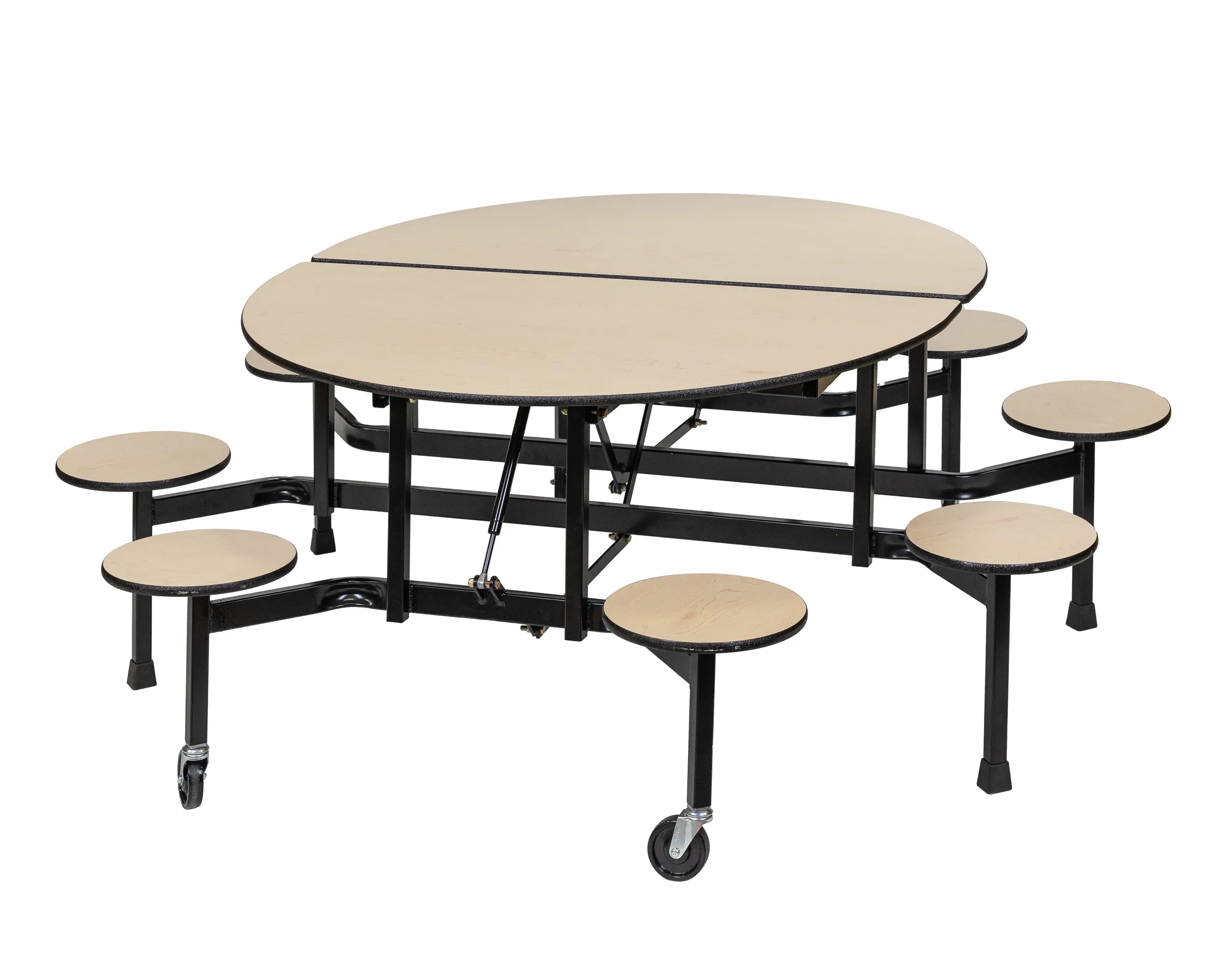 Mobile folding oval table with dual pneumatic lift system and stools