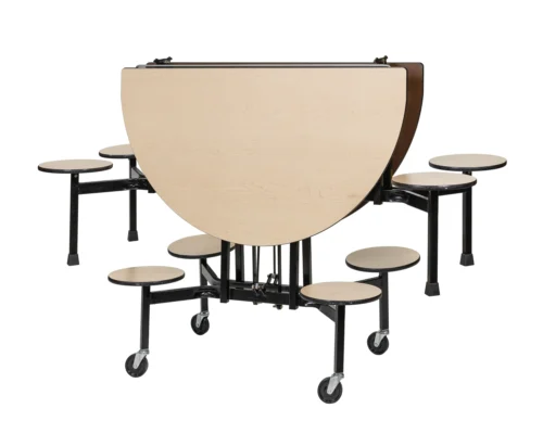 Mobile folding oval table with dual pneumatic lift system and stools